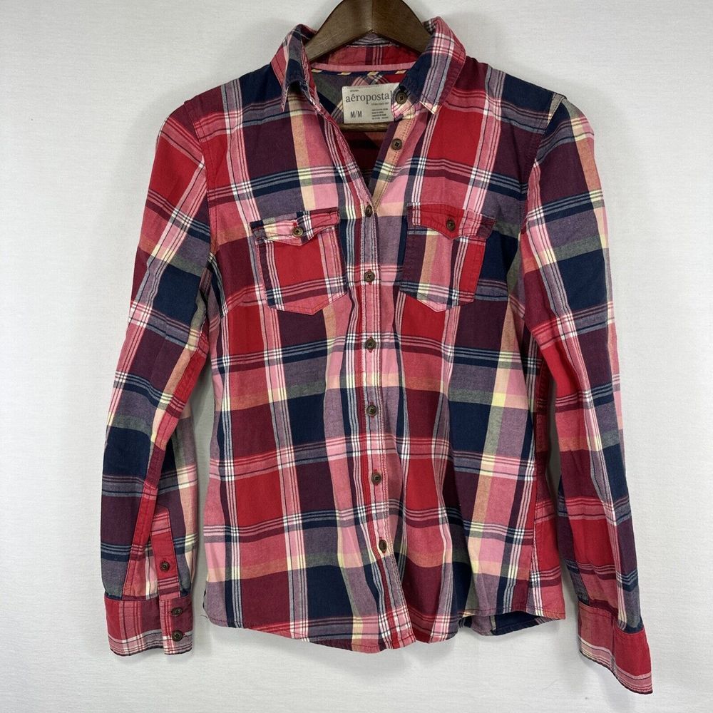 Aeropostale Women's Medium Flannel Shirt Red‎ Button Up Long Sleeve - Picture 5 of 8
